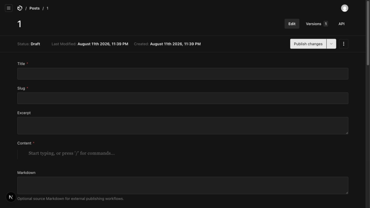 Payload Admin Article editor showing title, slug, excerpt, Lexical content, and Markdown fields