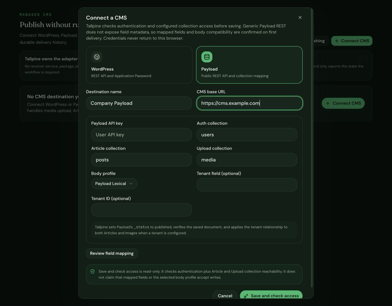 Tallpine Connect a CMS dialog with Payload selected and generic example values