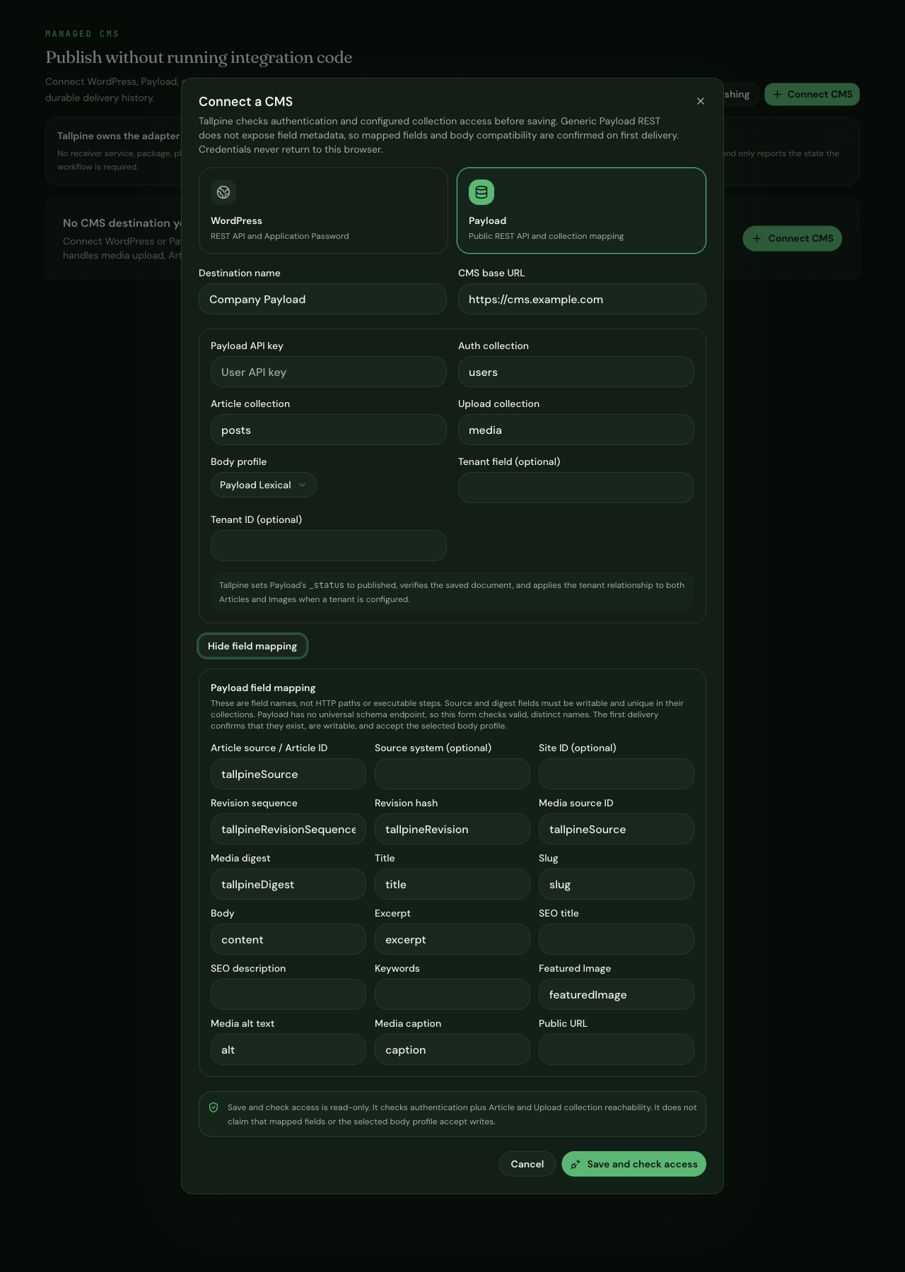 Tallpine Payload field mapping expanded with generic collection field names