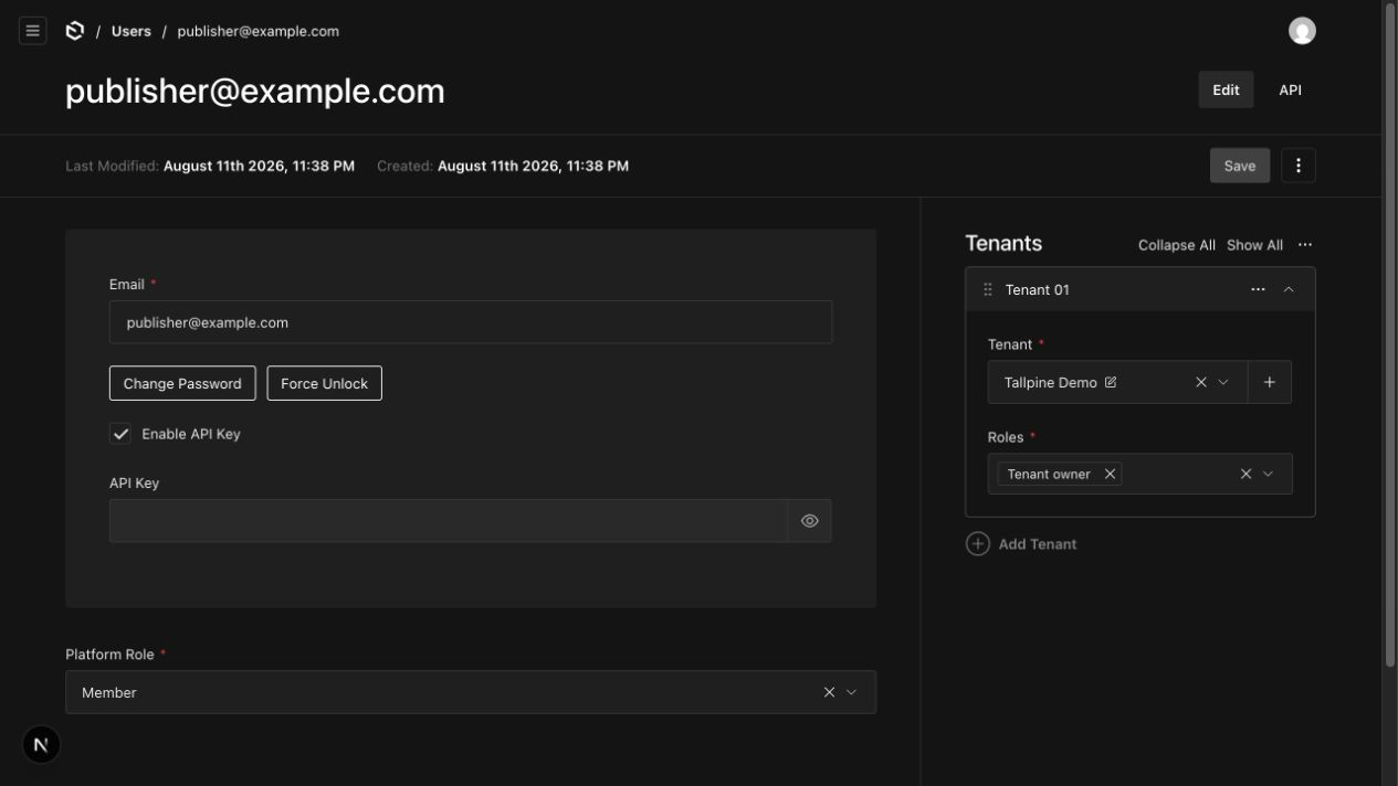 Payload Admin user editor with API key enabled, an ordinary platform role, and one tenant membership