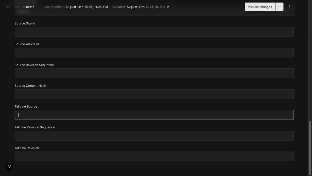 Payload Admin Article editor showing source identity and Tallpine revision fields