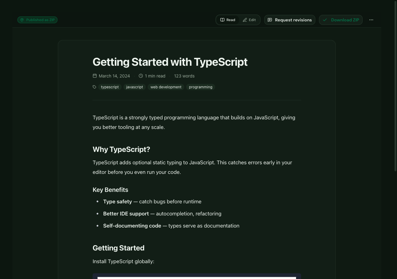Tallpine published Article showing Published as ZIP and Download ZIP controls