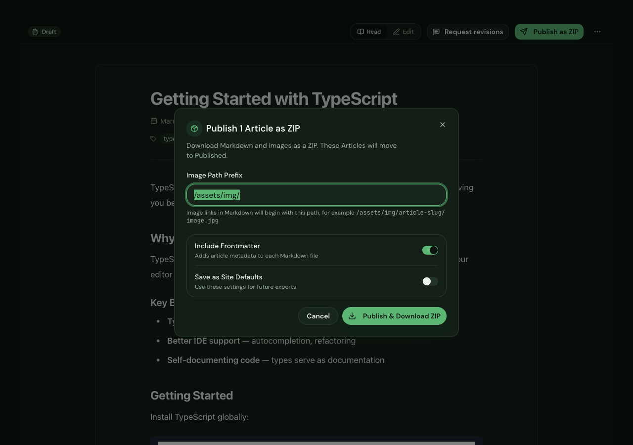 Tallpine Article editor with the Publish one Article as ZIP dialog, Image Path Prefix, frontmatter, and Site defaults controls