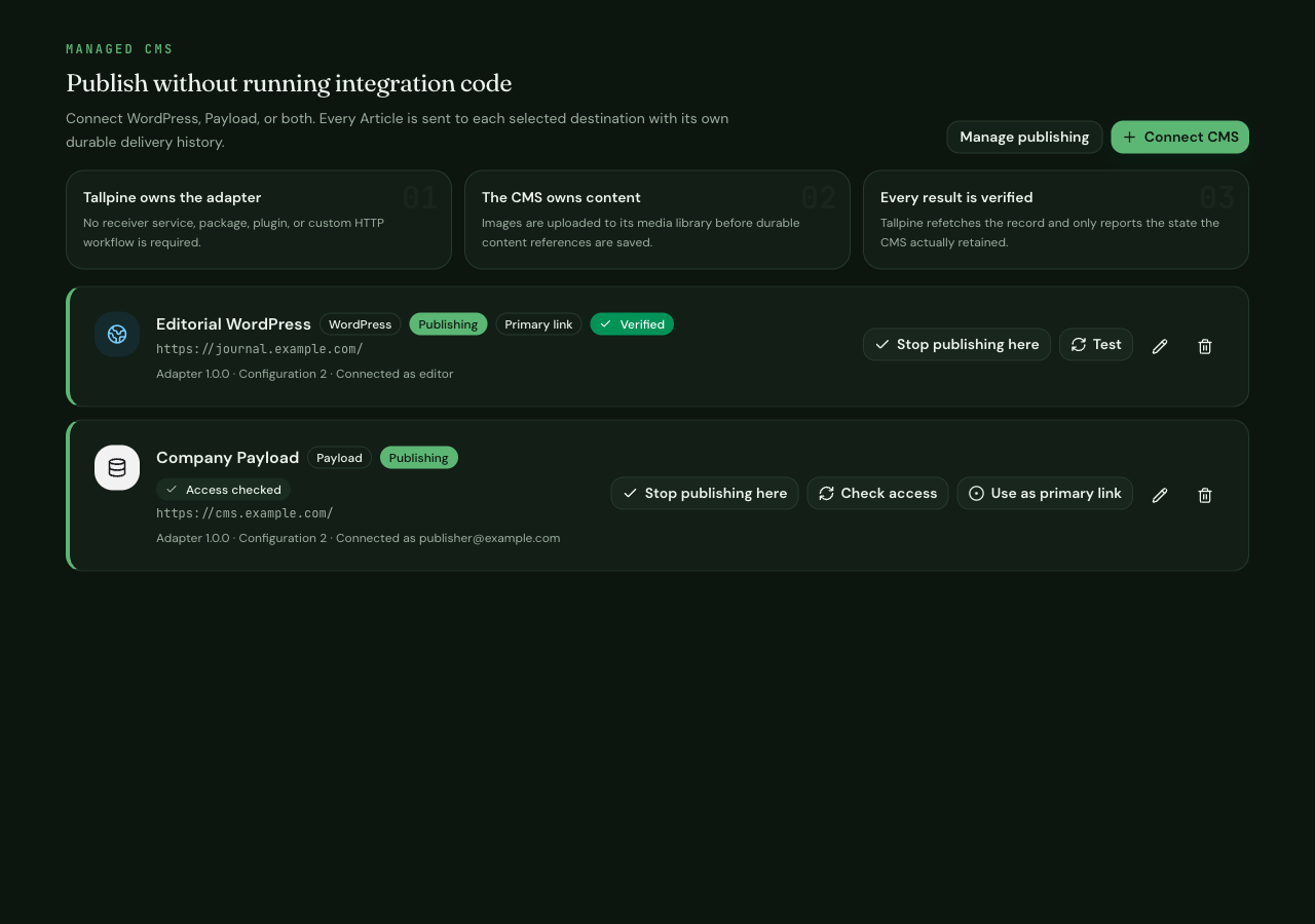 Tallpine Connections page with a verified WordPress destination and an access-checked Payload destination