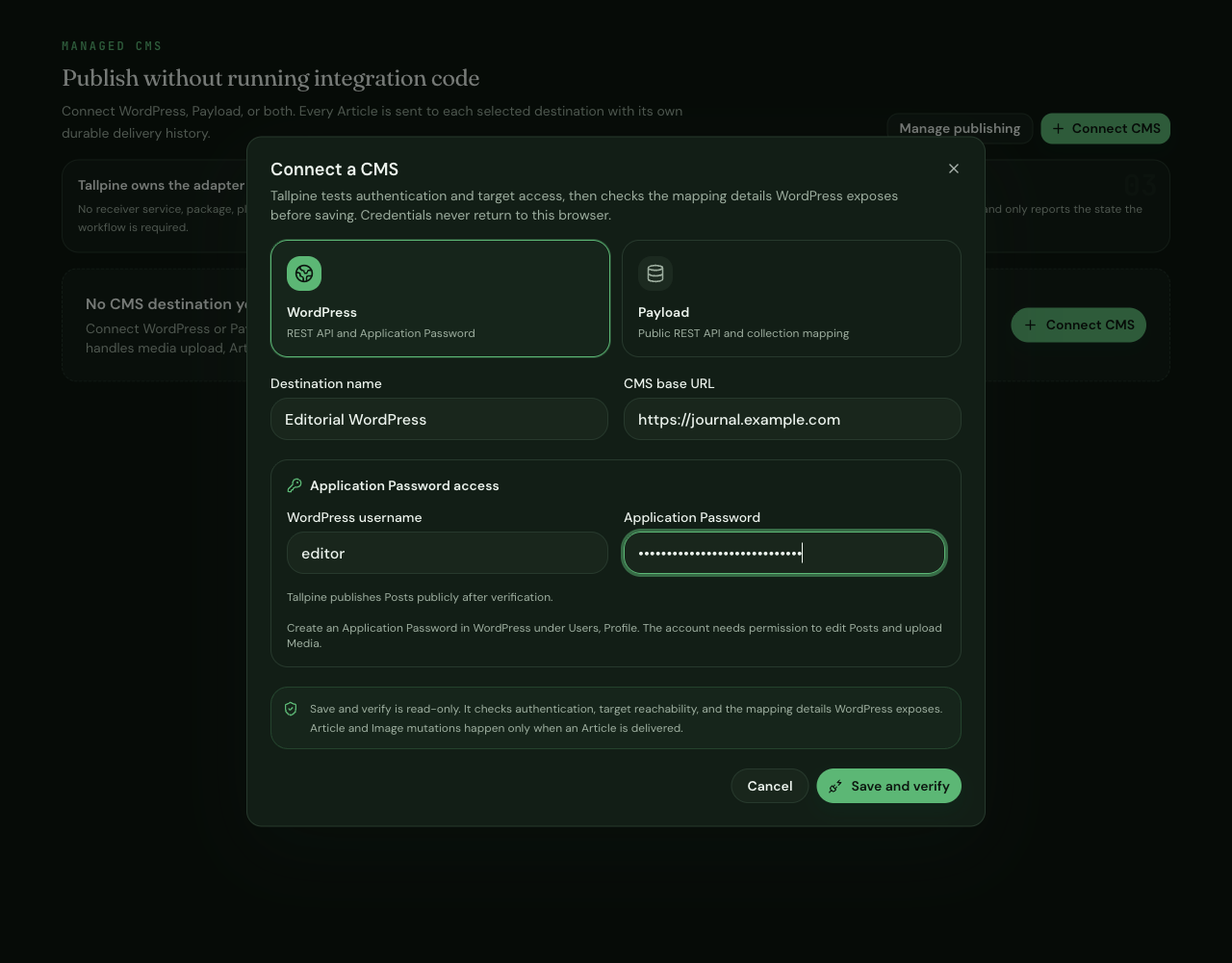 Tallpine Connect a CMS dialog with WordPress selected, a root site URL, username, and masked Application Password