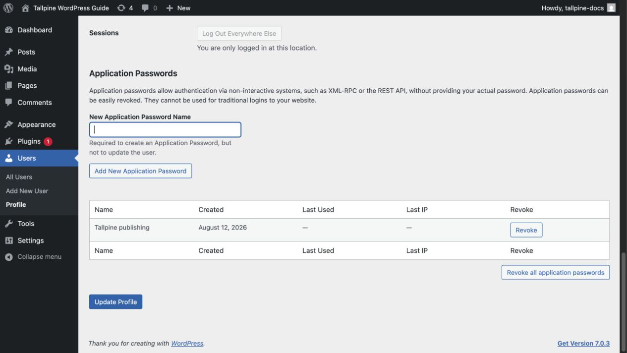WordPress Application Passwords table showing Tallpine publishing with its created date and revoke control