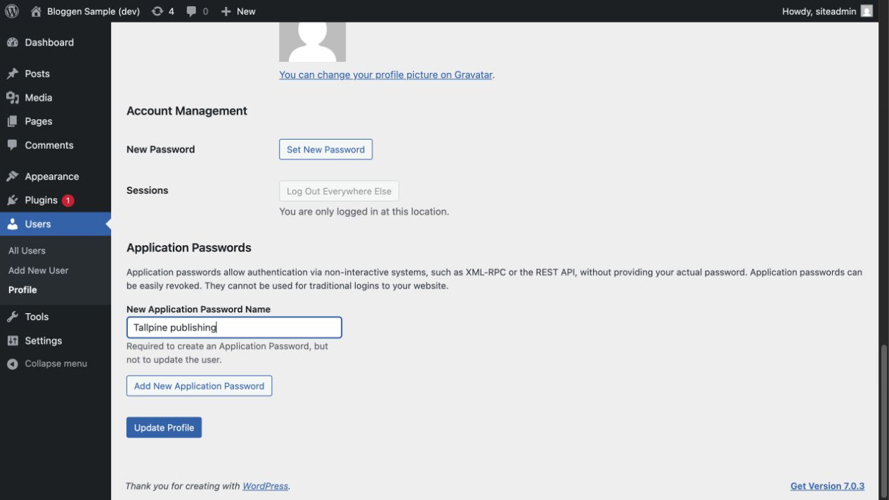 WordPress Users Profile screen at the Application Passwords section with Tallpine publishing entered as the name