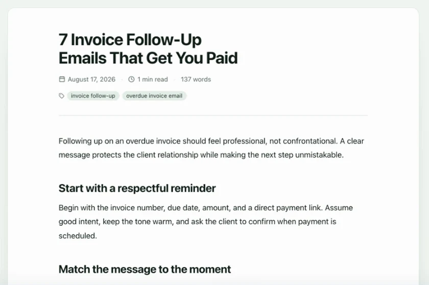 The finished Article 7 Invoice Follow-Up Emails That Get You Paid open in Tallpine, with its publication date, reading time, tags, and the first sections of body copy.