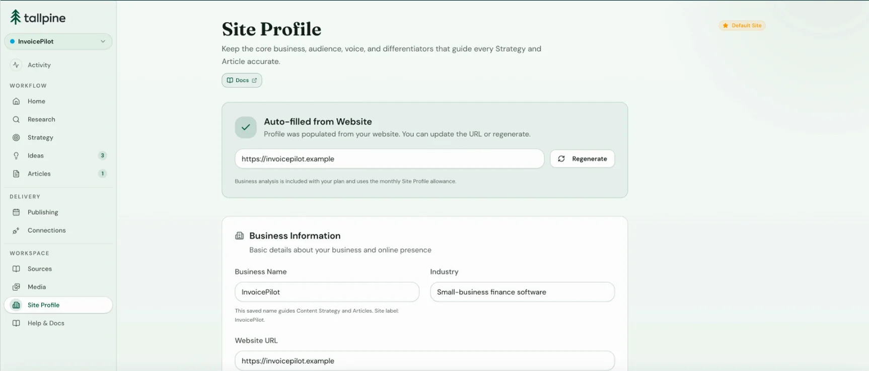 The Site Profile page in Tallpine, auto-filled from the InvoicePilot website with business name, industry, and website fields ready to edit.