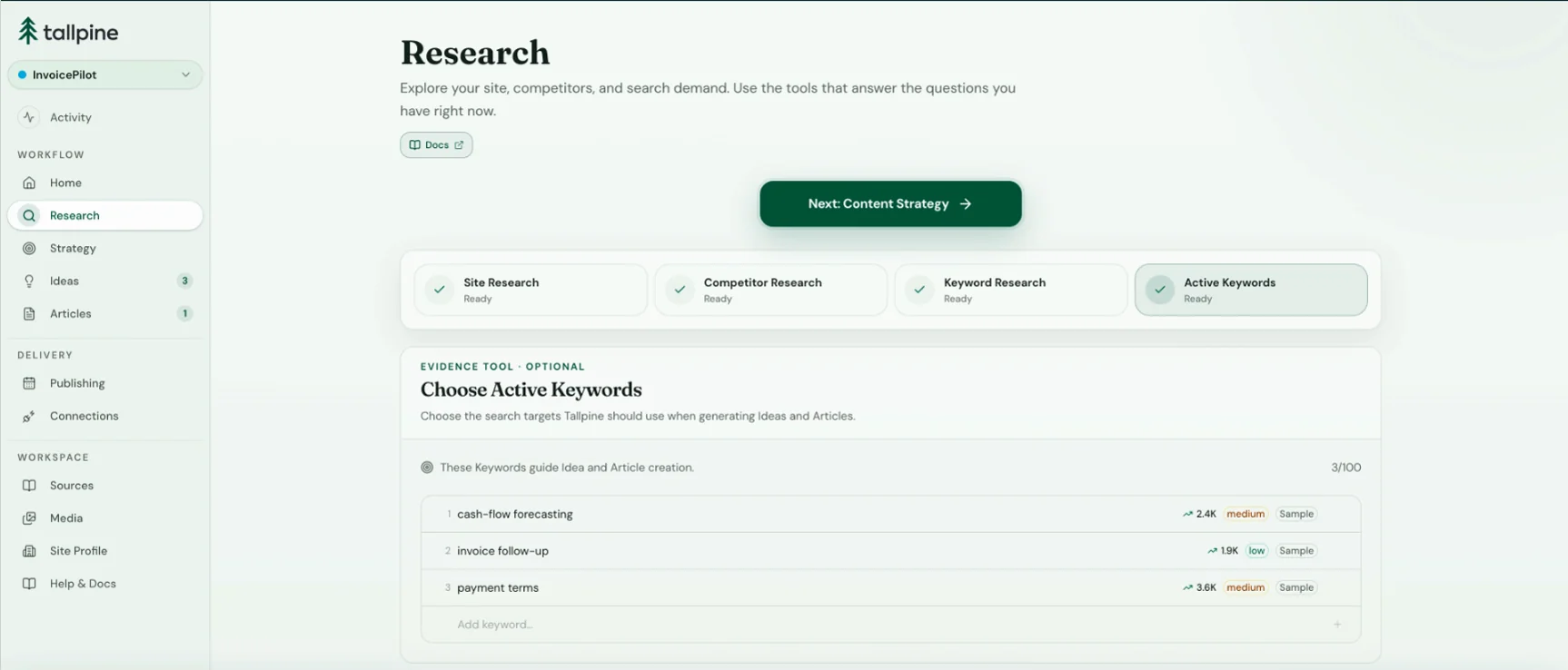 The Research page in Tallpine showing Active Keywords for InvoicePilot with monthly search volume and ranking difficulty for each term.